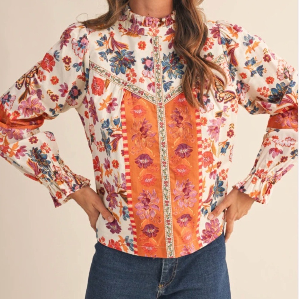 &merci Floral High Neck Blouse Boho Top Size Medium NWT